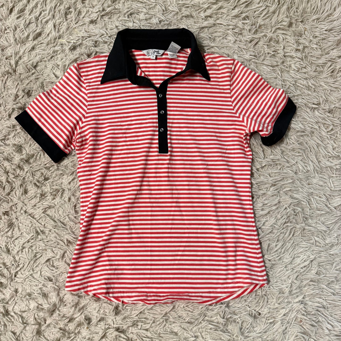 Women’s Medium Red Striped Goode Rider Short Sleeve Horseback Riding Polo Shirt