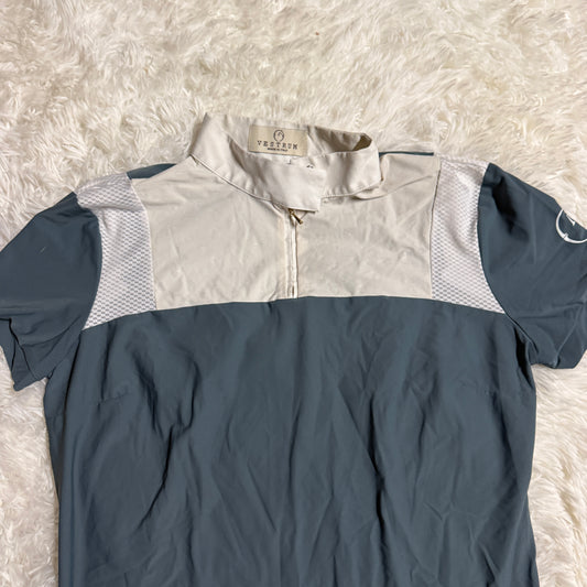 Women’s Large Blue/White Vestrum Short Sleeve Horseback Riding Show Shirt