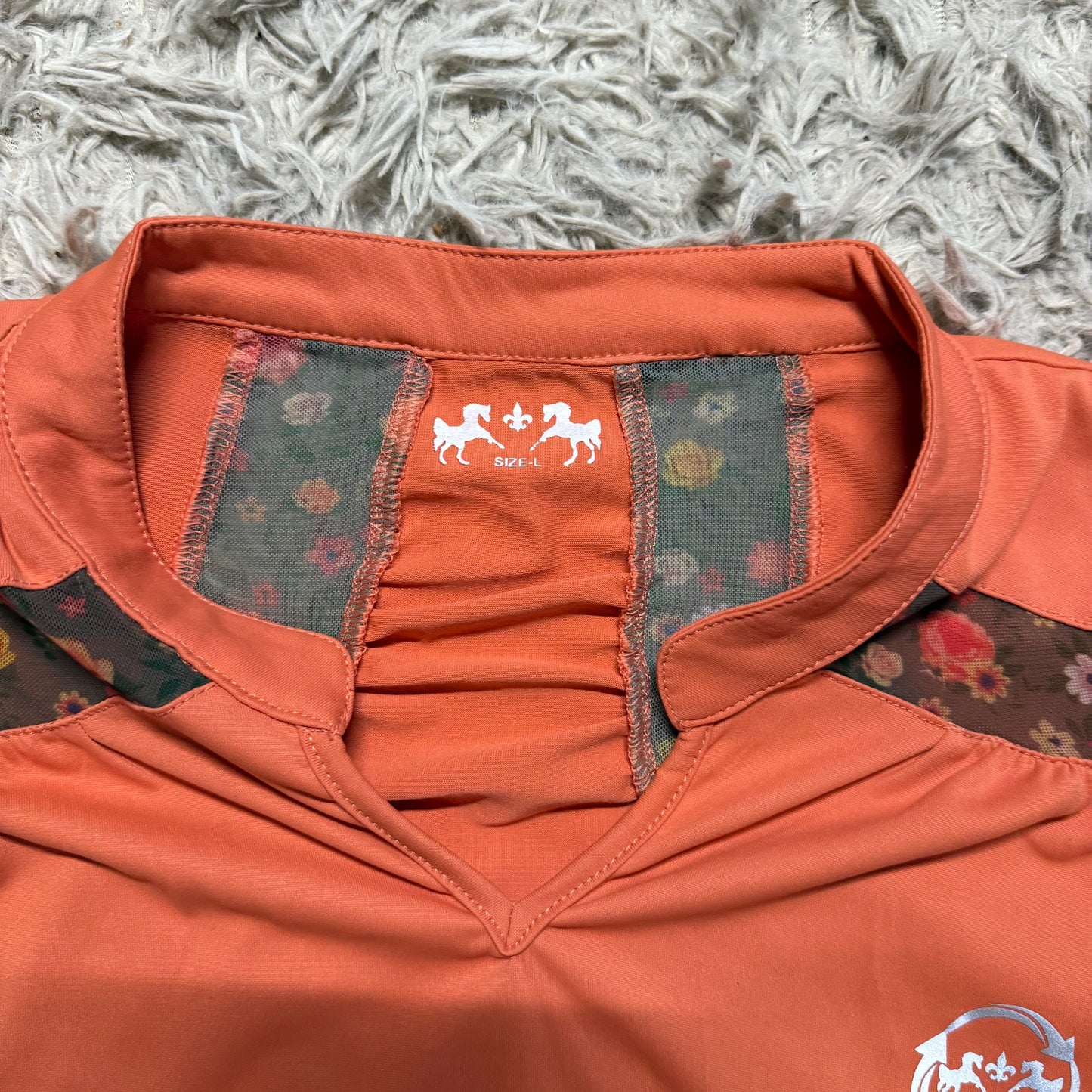 Women’s Large Orange Equine Couture Short Sleeve Horseback Riding Sunshirt