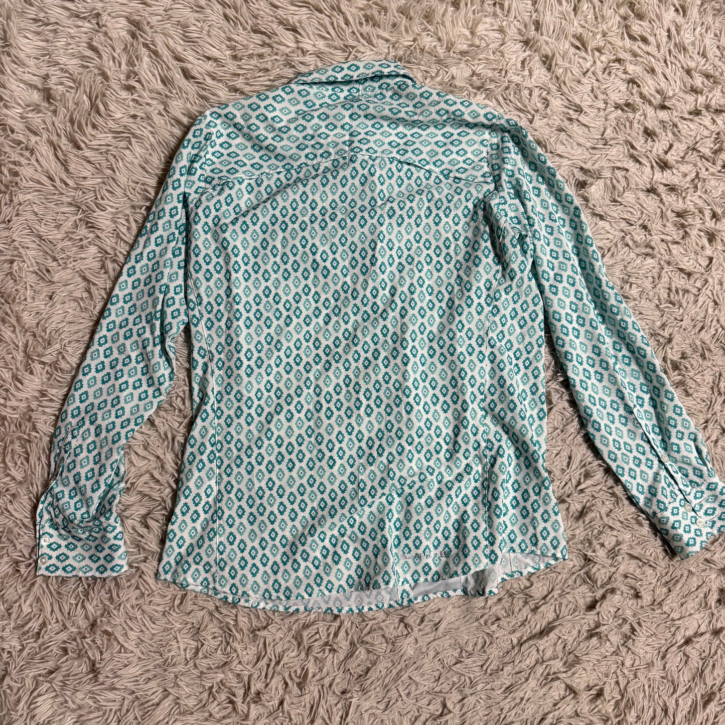 Women’s Medium Green/Blue Pattern Ariat Long Sleeve Horseback Riding Button Down Shirt