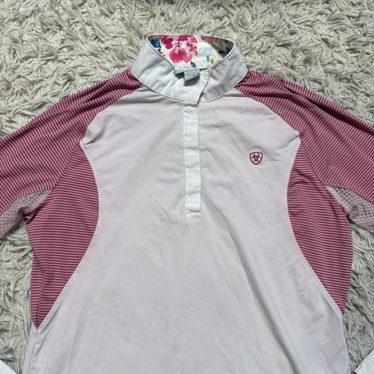 Women’s Large White/Pink Ariat Long Sleeve Horseback Riding Show Shirt