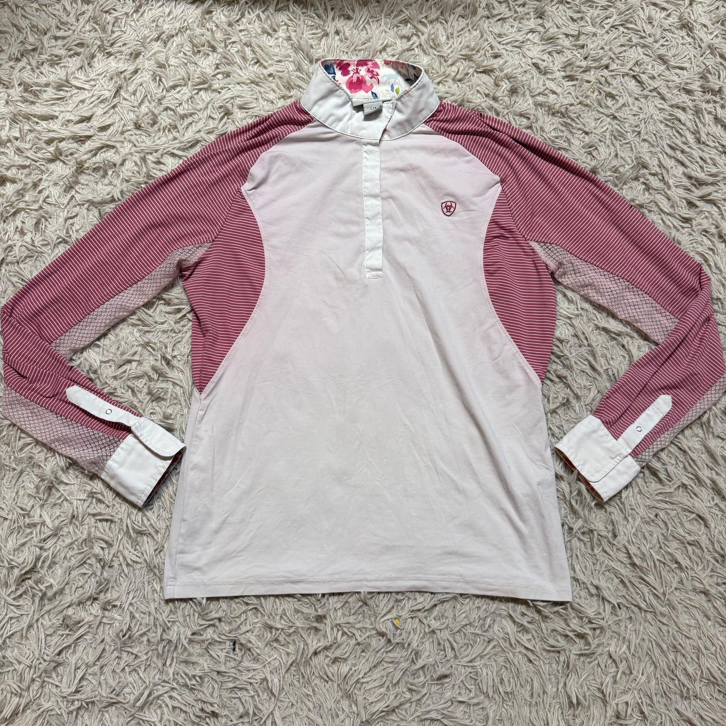 Women’s Large White/Pink Ariat Long Sleeve Horseback Riding Show Shirt