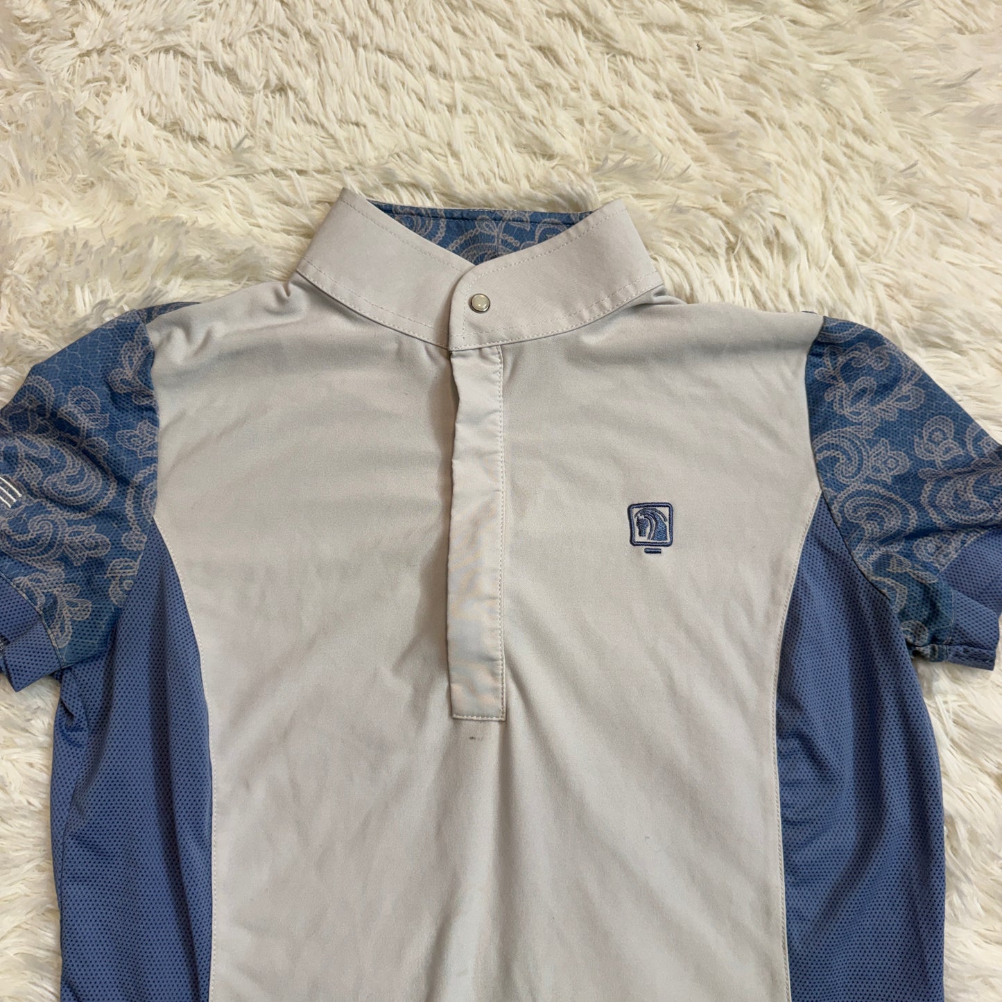 Women’s XS White/Blue Romfh Short Sleeve Horseback Riding Show Shirt