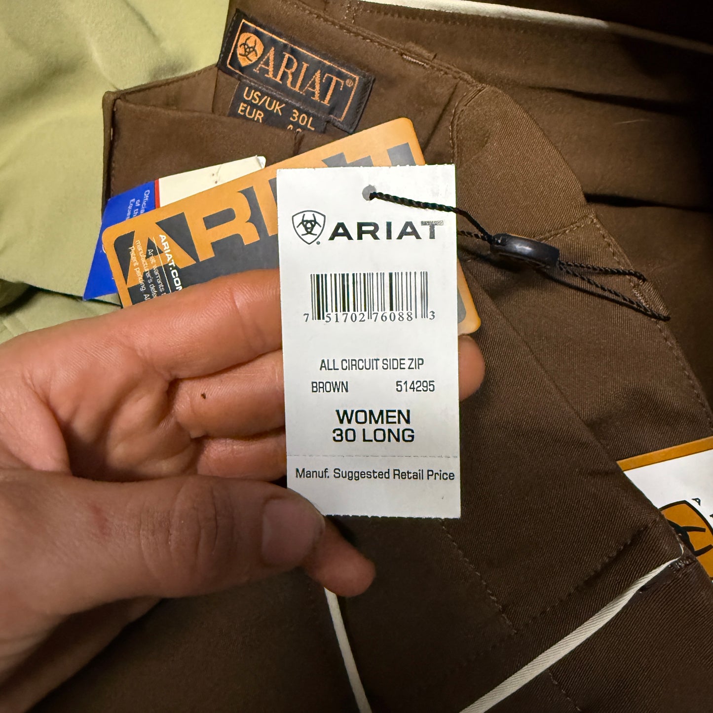 New Women’s Size 30L Brown Ariat Side Zip Knee Patch Horseback Riding Breeches