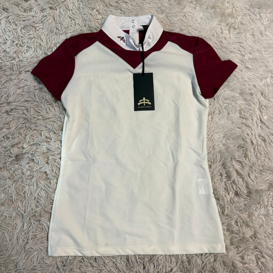 New Women’s Small Red/White Makebe Short Sleeve Horseback Riding Show Shirt