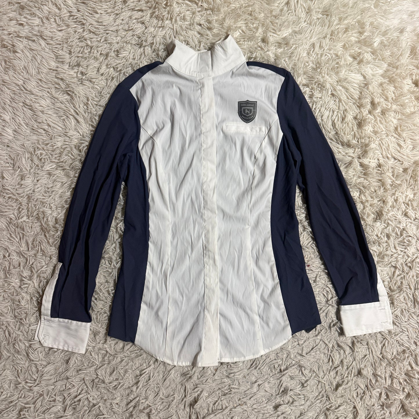 Women’s Small White/Navy Noel Asmar Long Sleeve Horseback Riding Show Shirt