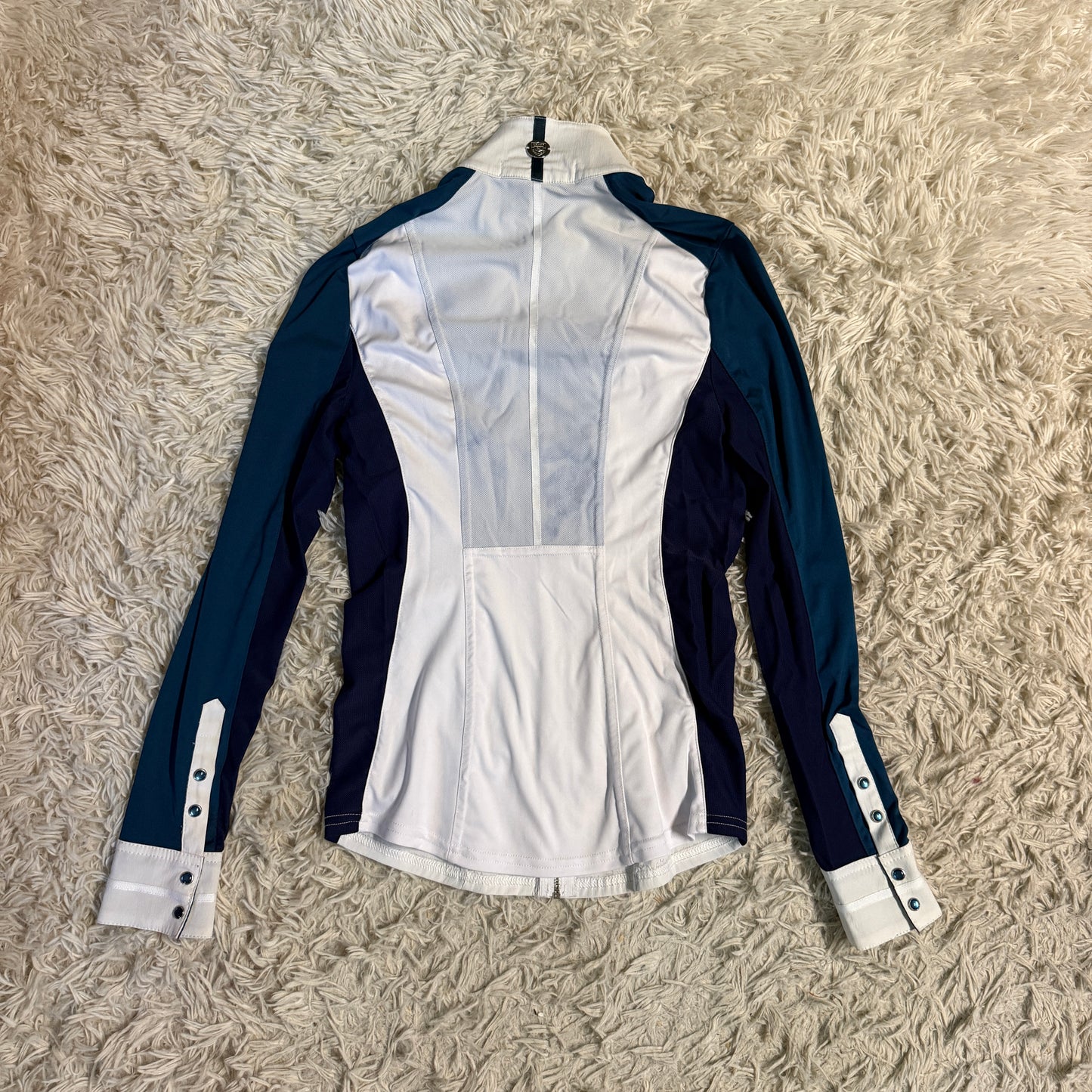 Women’s XXS White/Blue Asmar Equestrian Long Sleeve Horseback Riding Show Shirt