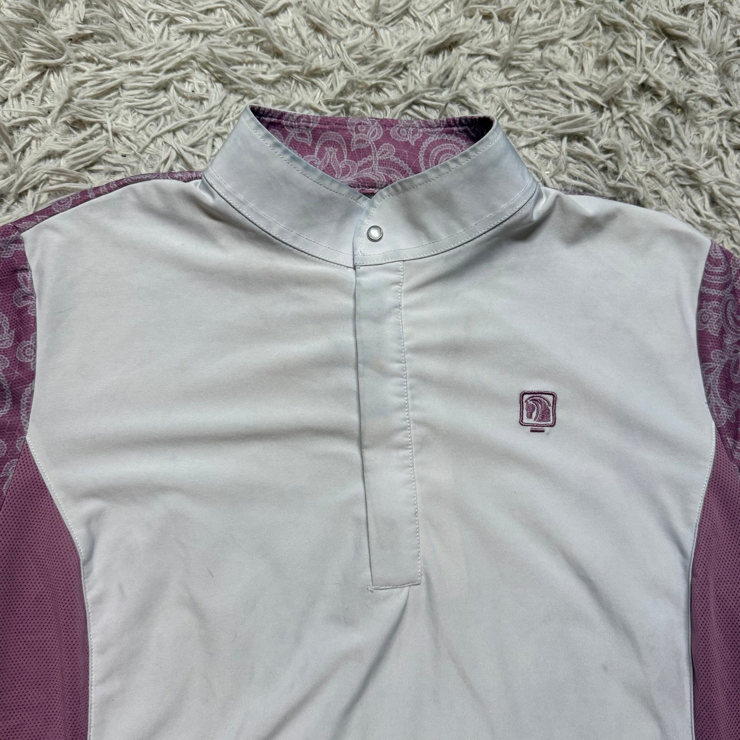 Women’s Large White/Pink Romfh Short Sleeve Horseback Riding Show Shirt