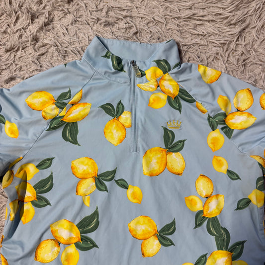 Women’s XL Blue Lemon Pattern Kastel Short Sleeve Horseback Riding Sunshirt