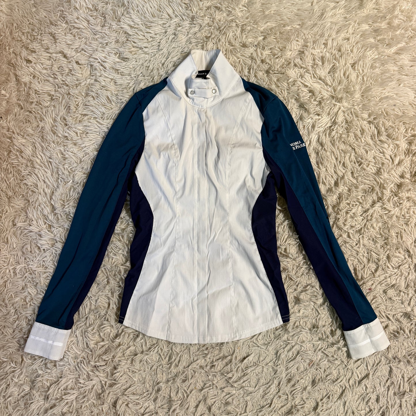 Women’s XXS White/Blue Asmar Equestrian Long Sleeve Horseback Riding Show Shirt