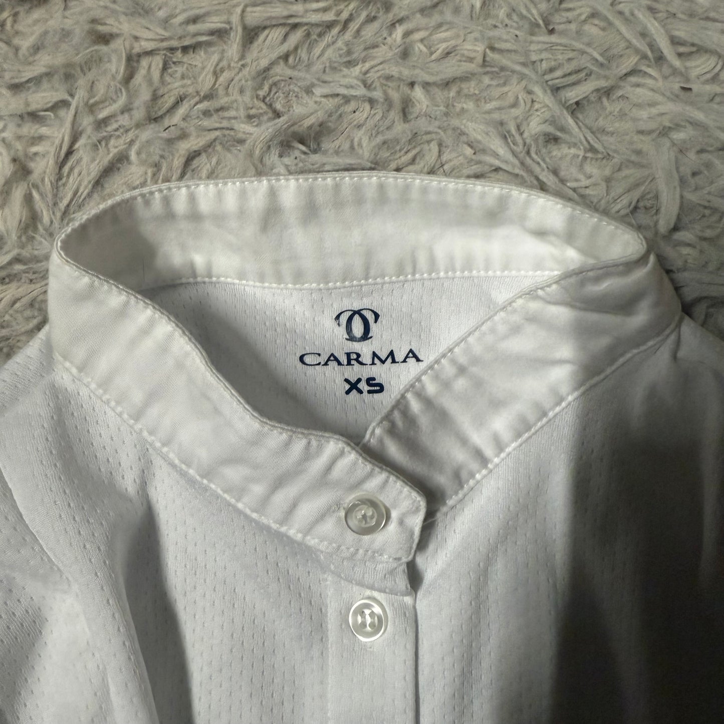 Women’s XS White Carma Short Sleeve Horseback Riding Show Shirt. Good Condition.