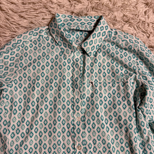 Women’s Medium Green/Blue Pattern Ariat Long Sleeve Horseback Riding Button Down Shirt