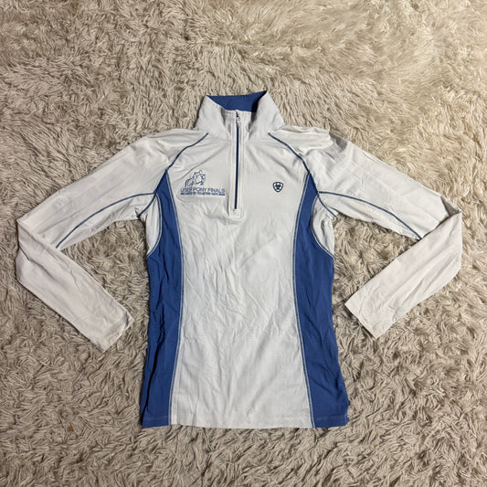 Women’s XS White/Blue Ariat Pony Finals Long Sleeve Horseback Riding Sunshirt
