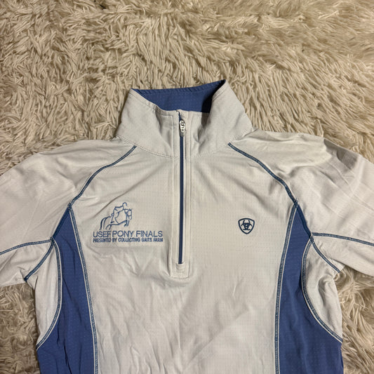 Women’s XS White/Blue Ariat Pony Finals Long Sleeve Horseback Riding Sunshirt