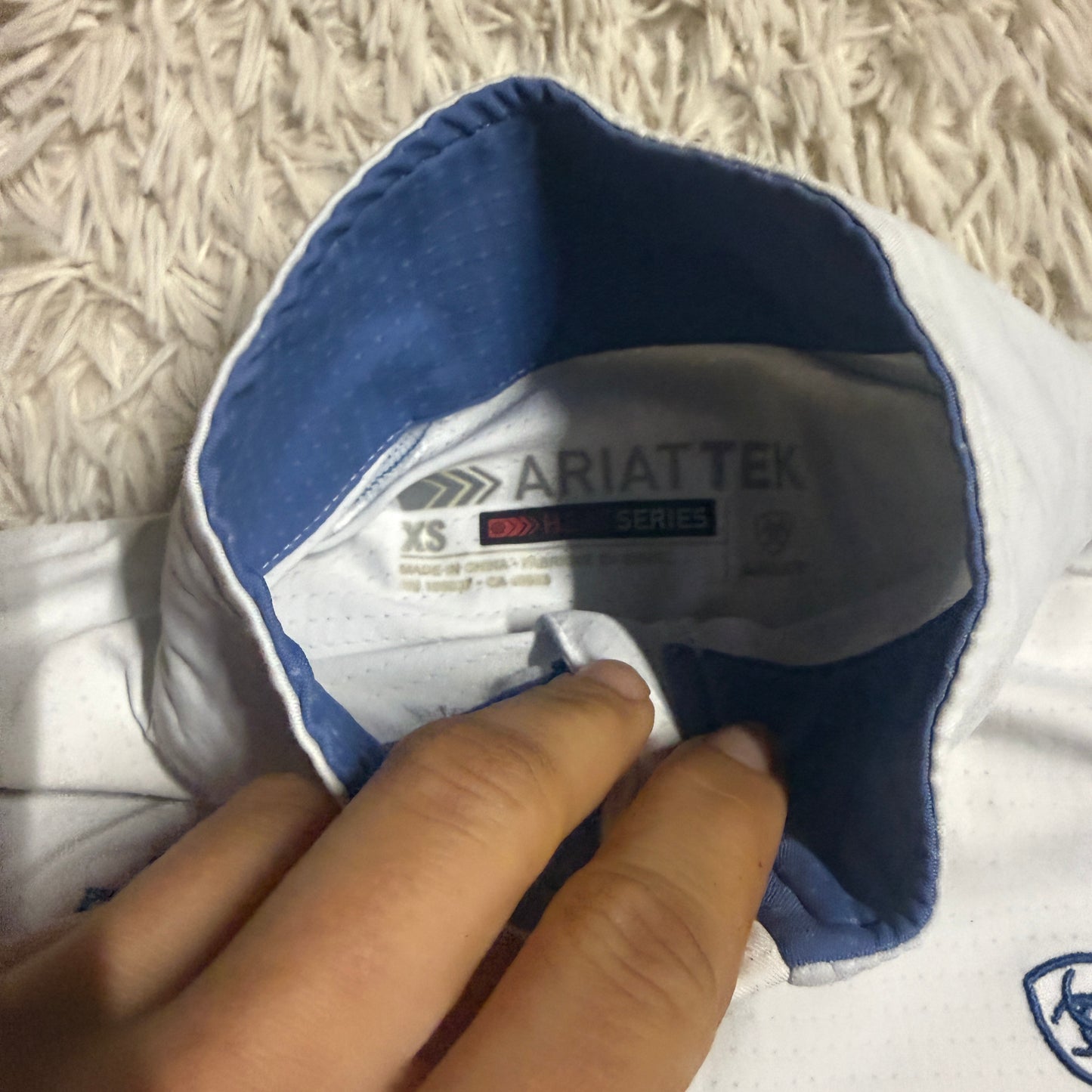 Women’s XS White/Blue Ariat Pony Finals Long Sleeve Horseback Riding Sunshirt