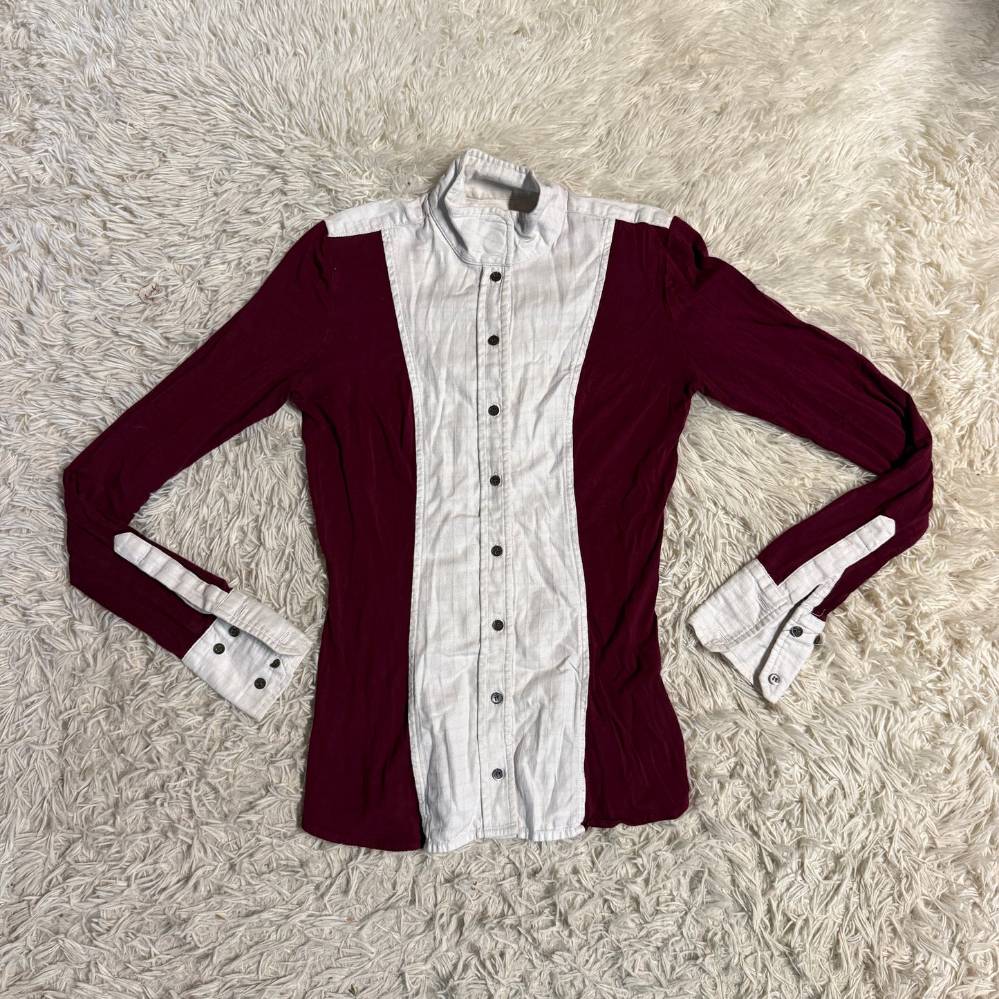 Women’s XS White/Burgundy Le Fash Long Sleeve Horseback Riding Show Shirt